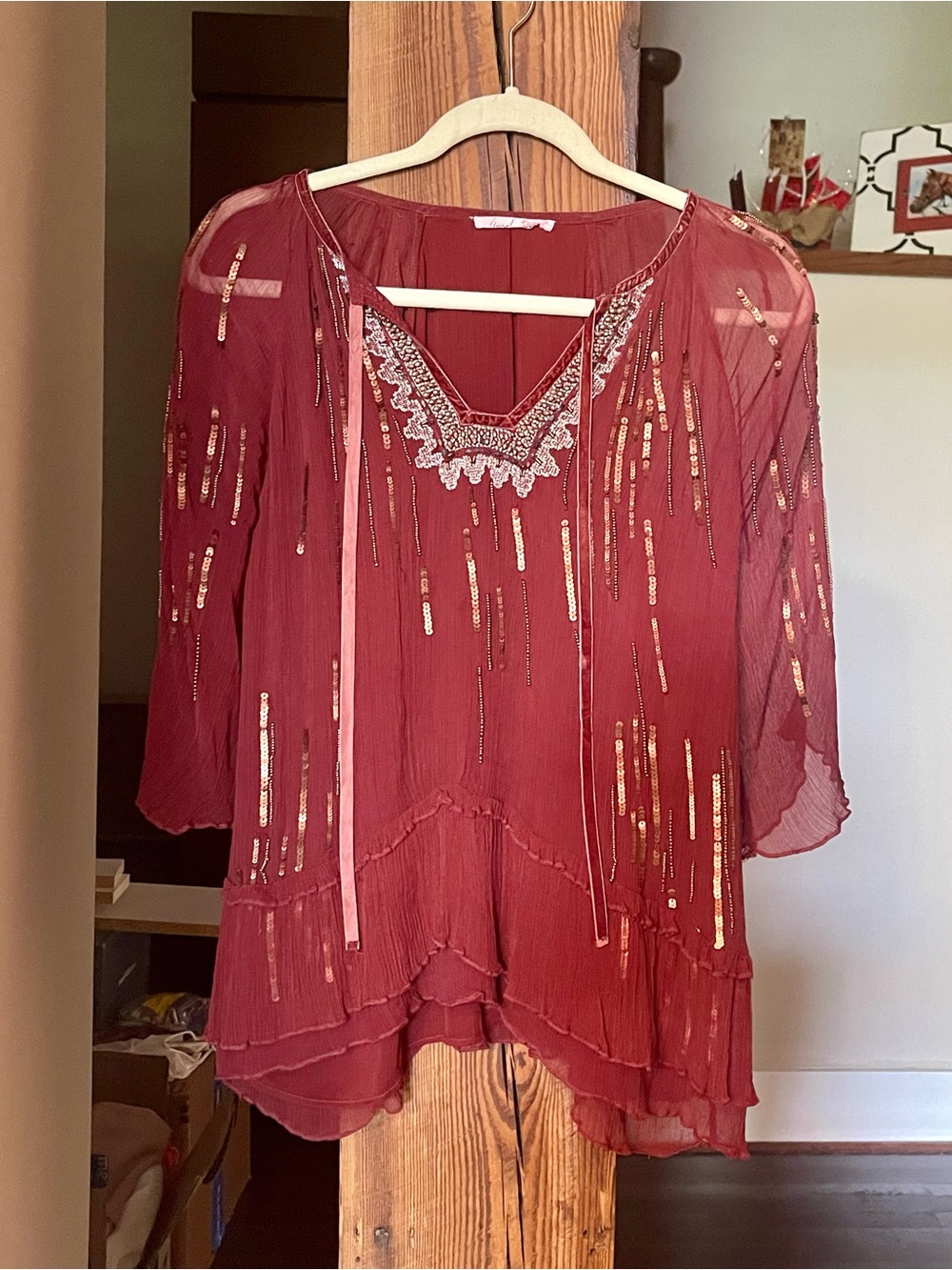 Anthropologie Embroidered Wine Red Boho Peasant Top